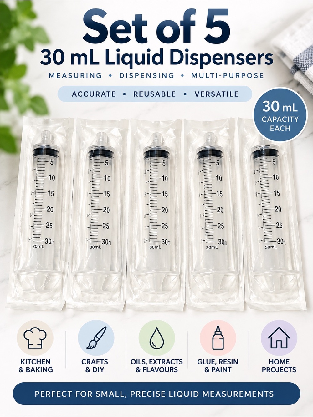 Set of 5 30mL Liquid Dispensers Measuring Applicators Kitchen Craft
